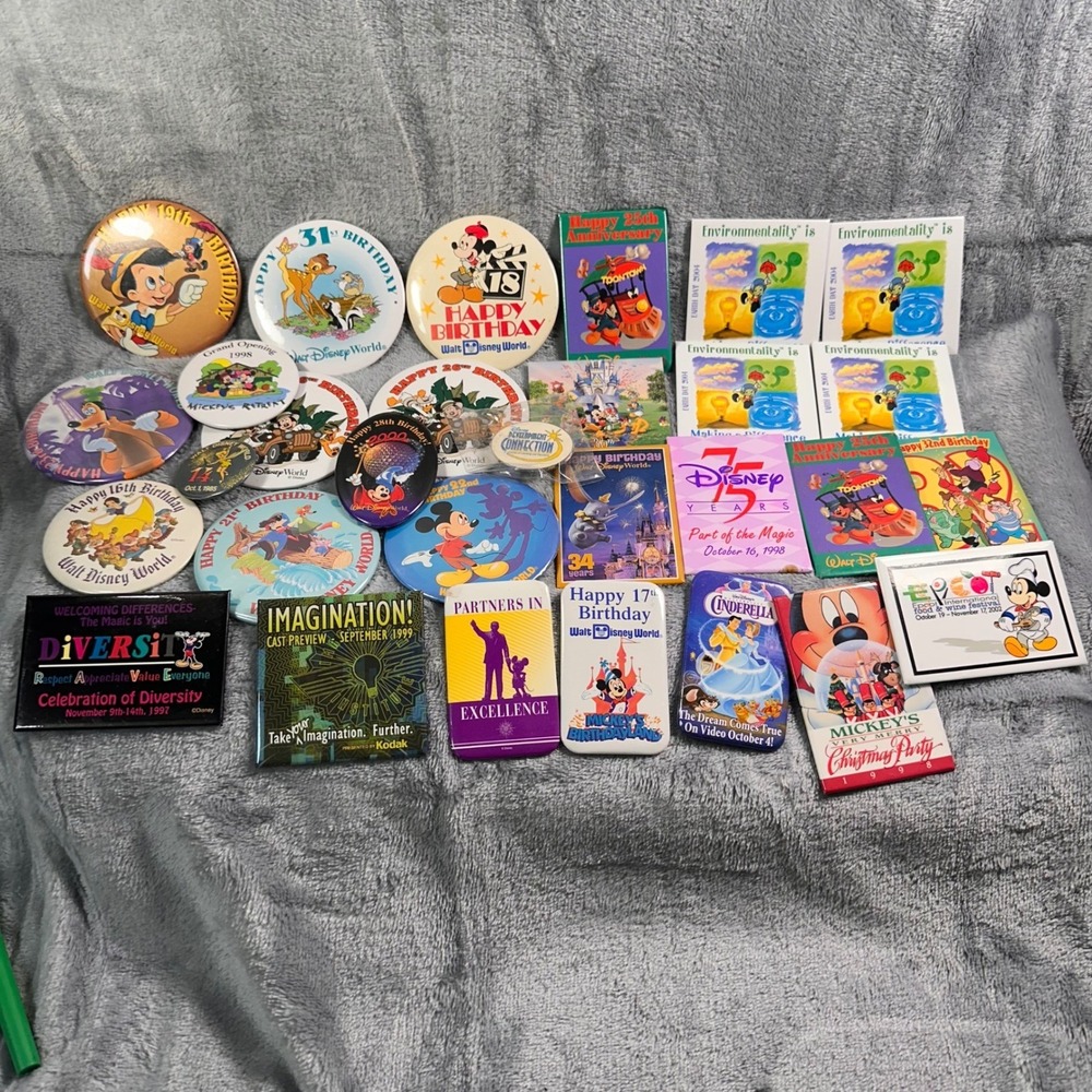 Lot 30 Disney Cast Member Pins Buttons WDW Birthday Anniversary Vintage Rare